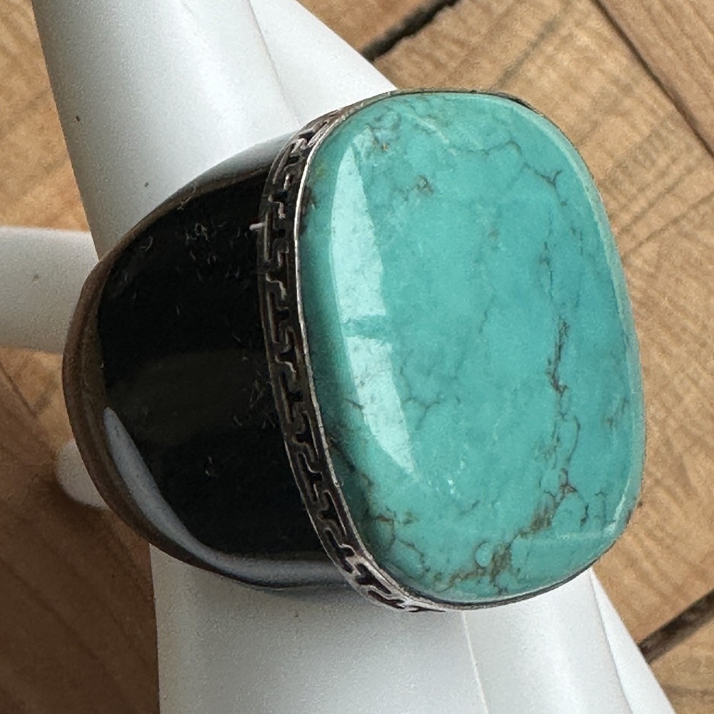 Vintage GSJ Domed Statement Ring Size 7 Turquoise Black Onyx‎ 925 Sterling 26.0g